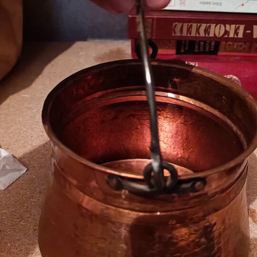 Vintage copper bakratsi with iron handle used, traditional hammered pot