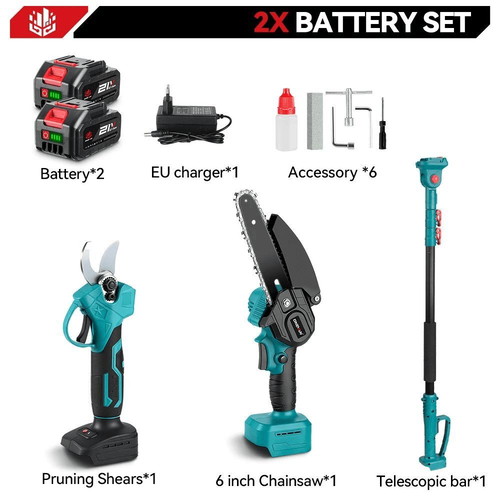 Rechargeable 4-in-1 Pruning Set 21V with 6" Chainsaw and Telescopic Pole