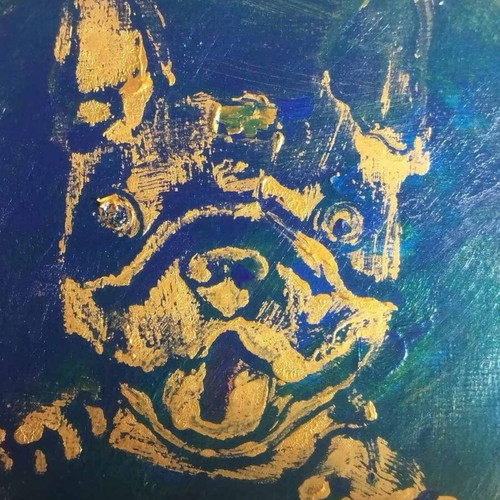 French Bulldog painting with embossed gold texture on blue background