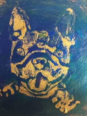 French Bulldog painting with embossed gold texture on blue background