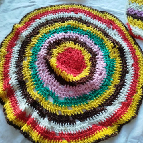Crocheted table linens used, set of 6 colorful pieces