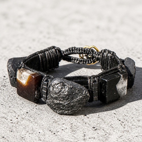 Men's Black Leather Bracelet with Meteorite and Natural Black Agate, New
