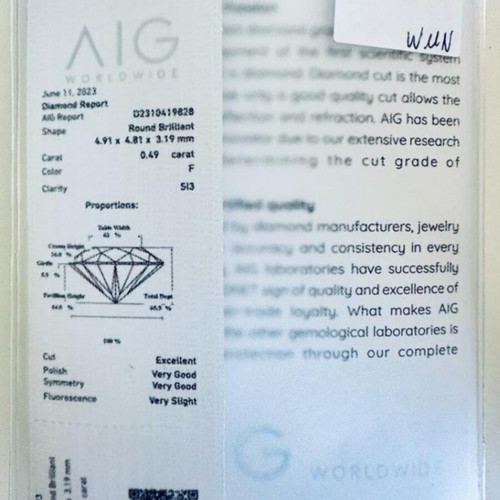Diamond 0.49ct natural, round brilliant cut, F color, SI3 clarity