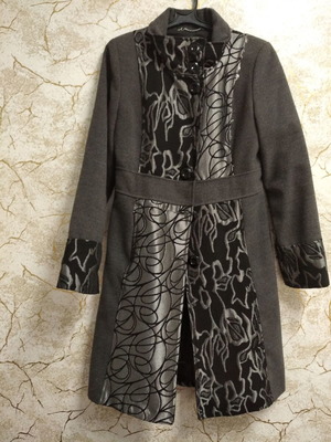 Elegant women's grey coat with silver floral and abstract panels