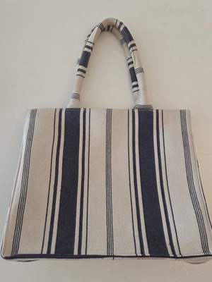 Mango striped canvas tote bag, navy blue and cream