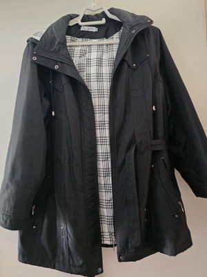 Women's black jacket halfcoat with hood and checkered lining like new, size M