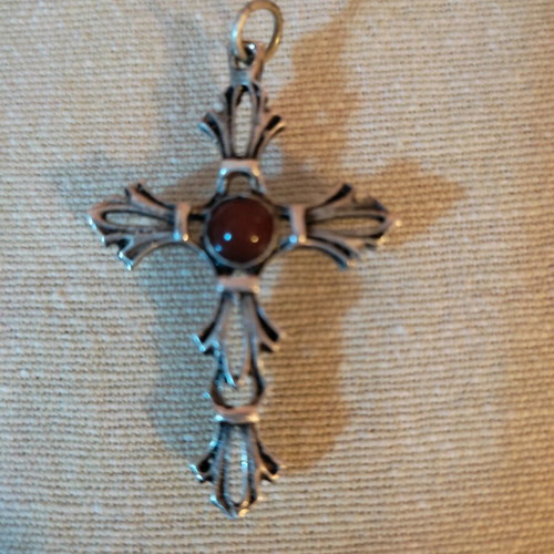 Vintage silver cross with red stone new