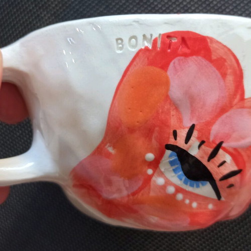 Handmade ceramic mug set Lunatique with hearts and Rice saucer