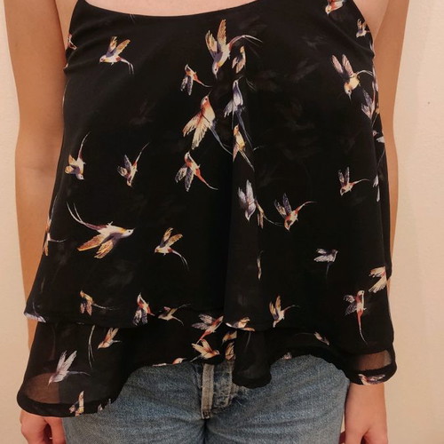 Black blouse with birds, airy summer top, size small-medium