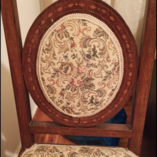 Chairs with marquetry like new, set of 2 with replaced fabric