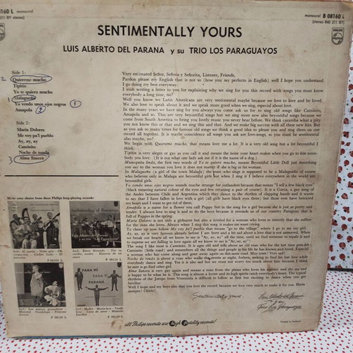 Luis Alberto Del Parana y su Trio Los Paraguayos Sentimentally Yours vinyl record used, Latin