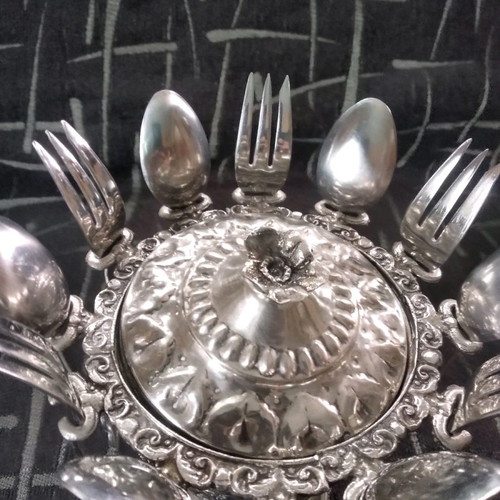 Vintage rostfrei dessert set with spoons and forks, broken handle