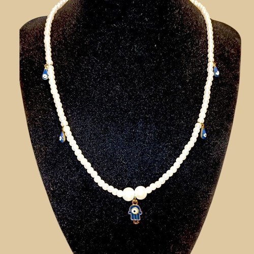Handmade Hamsa hand necklace with evil eyes and white pearls new