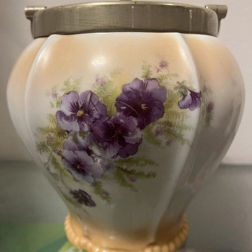 English Biscuit Jar handpainted porcelain like new, EPNS