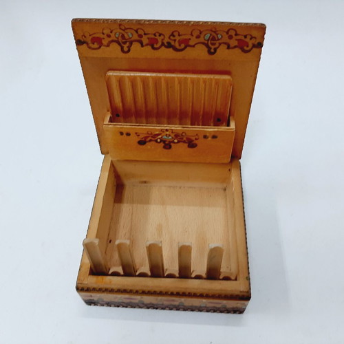 Vintage wooden hand-painted cigarette box, 70s