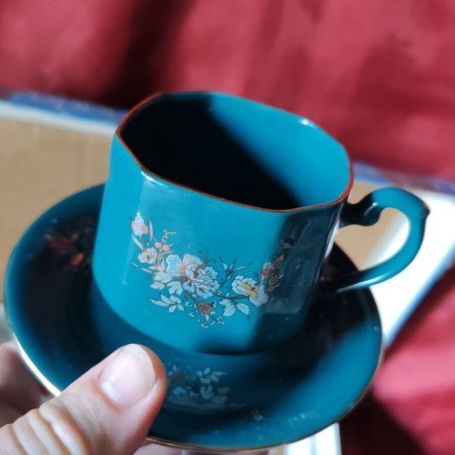 Korosten Porcelain Vintage Tea and Coffee Set, turquoise with gold trim