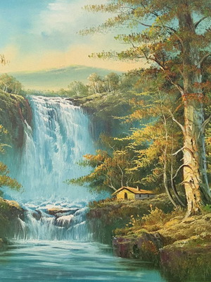 Oil painting imitation Bob Ross on canvas