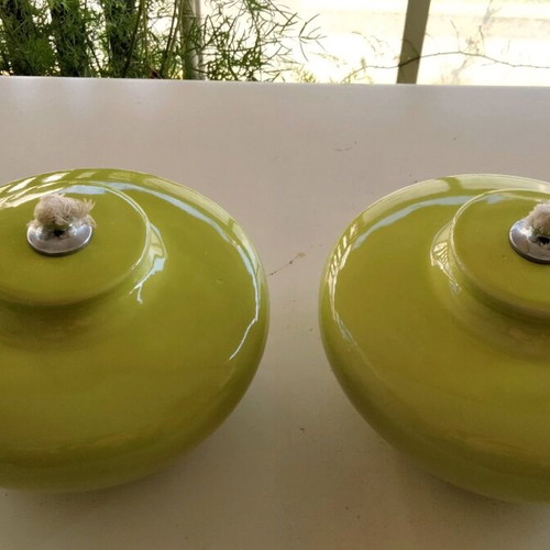 Pair of Handmade Ceramic Oil Lamps, Lime Green