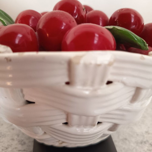 Vintage decorative basket with cherries and leaves used, ceramic porcelain