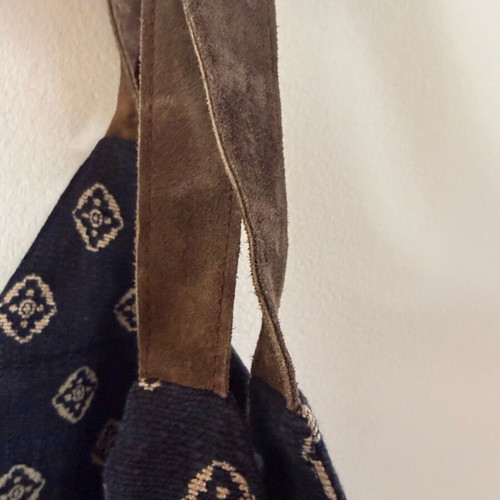 Nice Things shoulder bag used, cotton and leather, navy with pattern