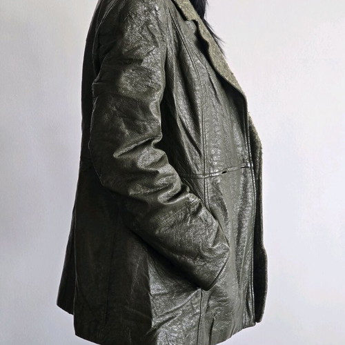 Olive Green Vintage Faux Leather Jacket used, size XL