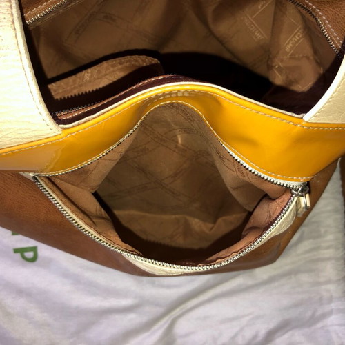 Longchamp shoulder bag used, camel leather with white patent details