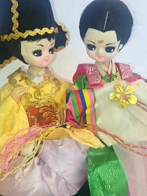 Vintage Korean Traditional Wedding Dolls Pair on Wooden Base