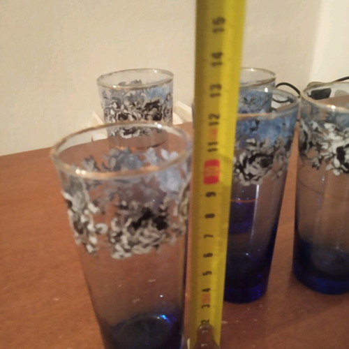 Vintage glasses used, blue with flowers and gold, set of 5