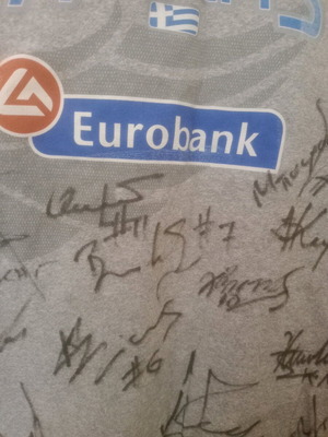 Collectible basketball jersey with all Greek National Team autographs