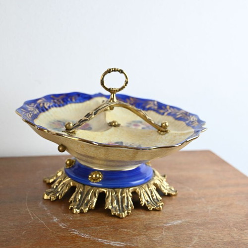 Vintage porcelain raised platter used, 27 cm diameter with brass details