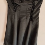 Black satin dress with corset bust and lace ruffles, Gothic style