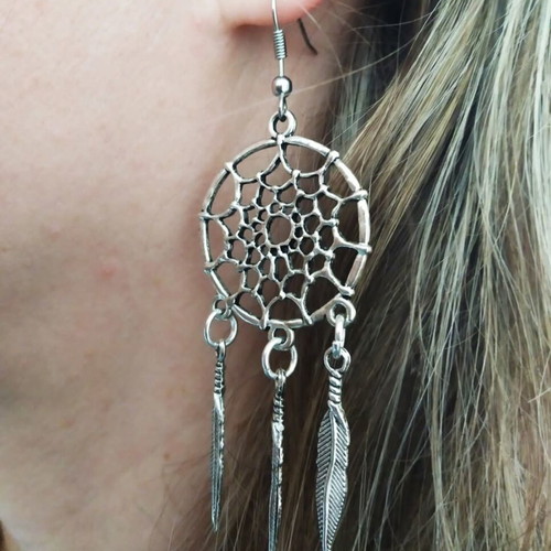 Boho dreamcatcher earrings with metal details and steel hook new