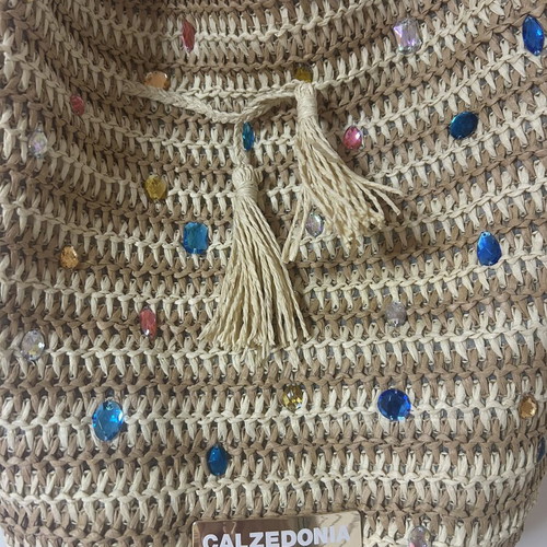Calzedonia beige straw shoulder bag with multicolored stones