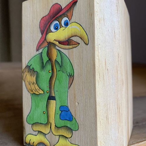Wooden pencil holder new with vintage cartoon bird painting