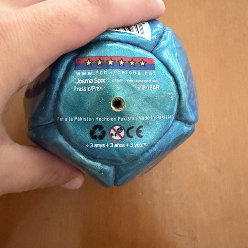 Decorative Barcelona ball with Messi, Xavi, Iniesta signatures