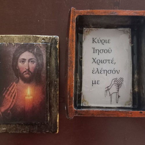 Handmade bottle and box with icon, new religious items