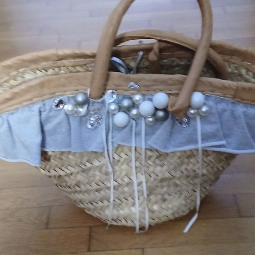 Handmade straw beach bag with decorative details, like new, beige