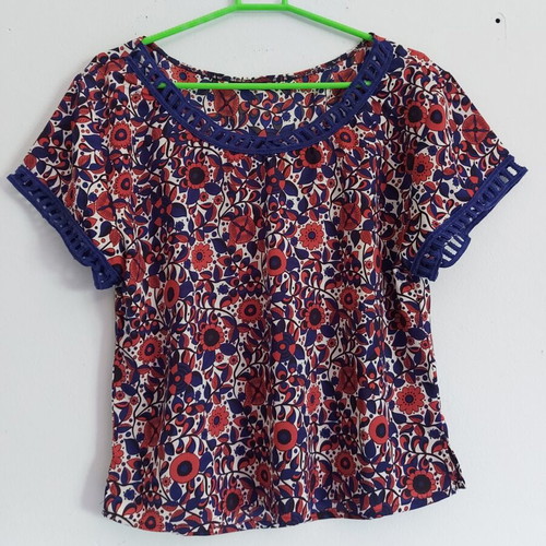 Blouse used, size S, thin fabric with blue trim on sleeves and neck