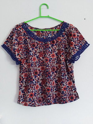 Blouse used, size S, thin fabric with blue trim on sleeves and neck