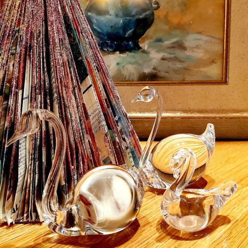 Set of 3 Crystal Swan Figures Kosta Boda & Hering Crystal new