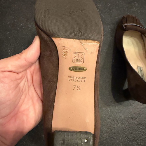 Kalogirou dark brown suede heeled loafers used with metal buckle and fringe size 38.5