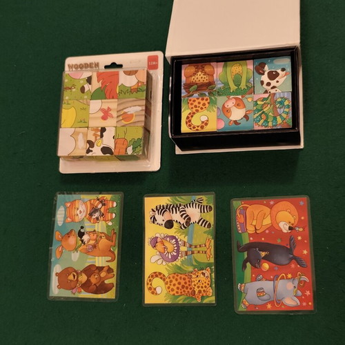 Wooden animal puzzle cubes set with guide cards, educational toy