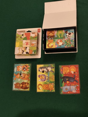Wooden animal puzzle cubes set with guide cards, educational toy