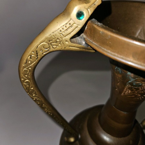 Antique Art Nouveau Copper Vase with Twin Snake Brass Handles used