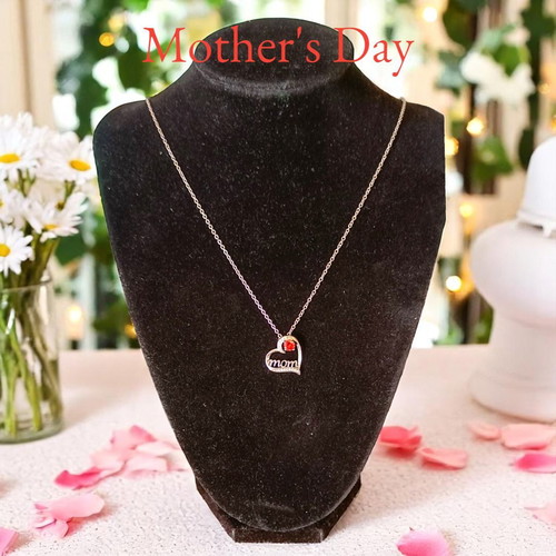 Stainless silver heart necklace with zircons and red crystal mom, new