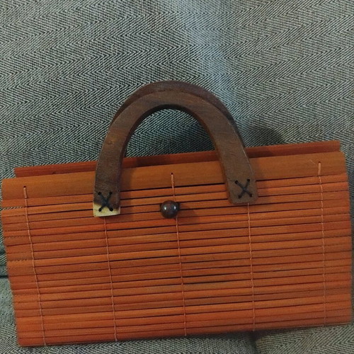 Handmade bag like new with wood and reeds brown orange