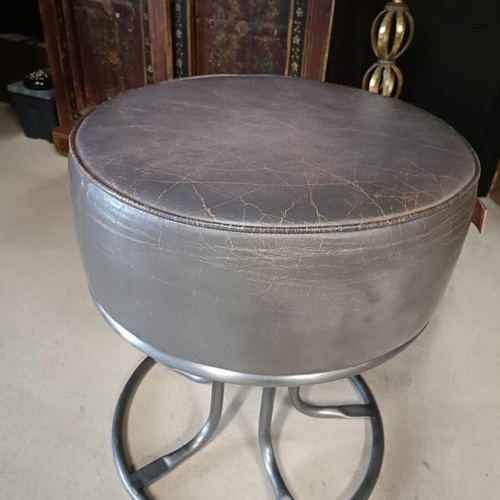 Art Sensation grey leather pouf with metal base
