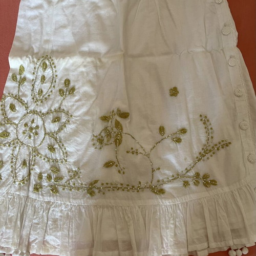 Boho skirt white with olive and gold embroidery and pom poms used, size M