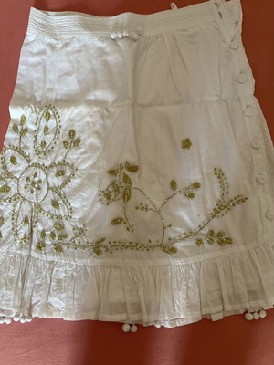 Boho skirt white with olive and gold embroidery and pom poms used, size M