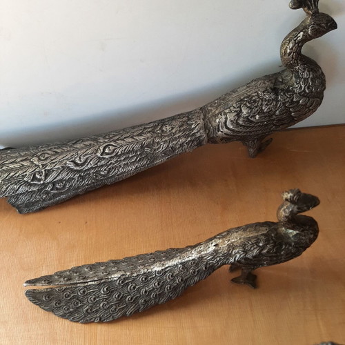 Traditional metal peacocks used, vintage 1950s-60s set